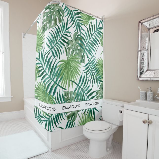 Rideaux De Douche Aquarelle moderne nom de famille feuille tropical (En situation)