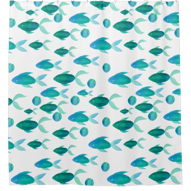 Rideaux De Douche Aquarelle Motif de poisson en bleu (Devant)