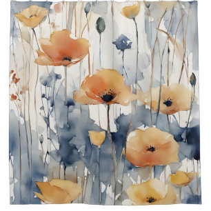 Rideaux De Douche Aquarelle Orange Fleurs Blue Indigo Design 347