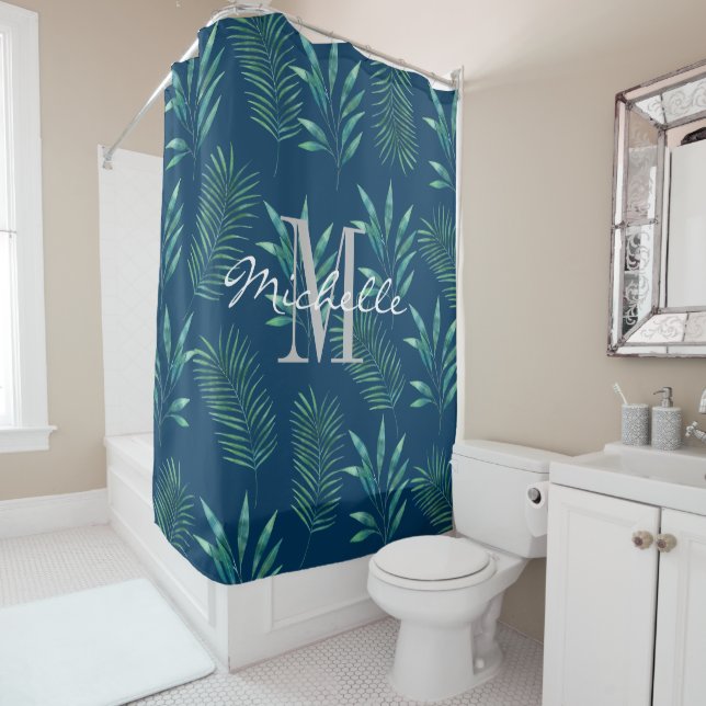Rideaux De Douche Aquarelle Palm Feuilles Personnalisé Monogramme Pr (En situation)