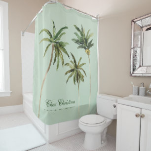 Rideaux De Douche Aquarelle Palm Trees Élégante Typographie Tropical
