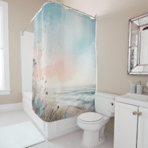 Rideaux De Douche Aquarelle Pastel Blue Pink Beach bord de mer