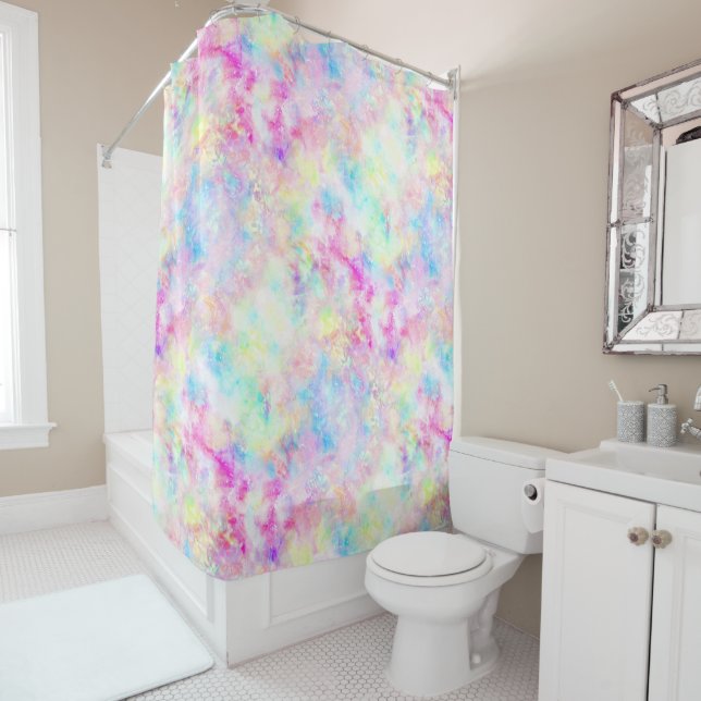 Rideaux De Douche Aquarelle Pastel Rainbow Tie Dye (En situation)