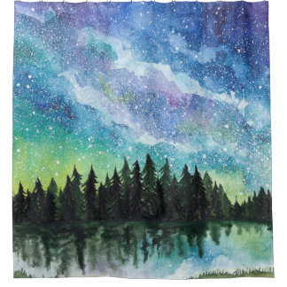 Rideaux De Douche Aquarelle paysage nocturne, Voie Lactée