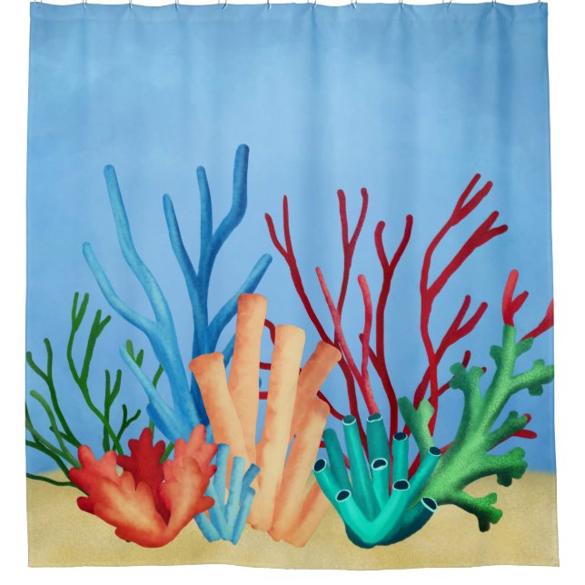 Rideaux De Douche Aquarelle peinte de coraux de mer (Devant)