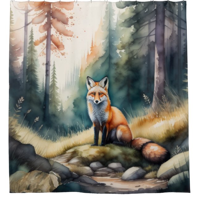 Rideaux De Douche Aquarelle Peinture de renard dans la forêt (Devant)