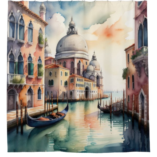 Rideaux De Douche Aquarelle Peinture Venise Ville Scène Gondola (Devant)