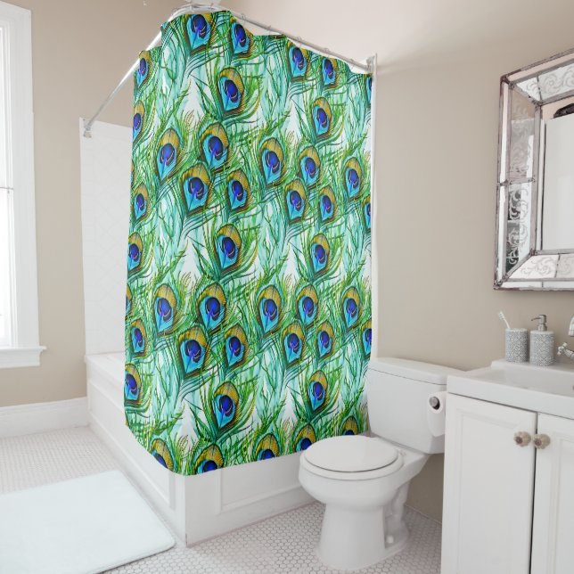Rideaux De Douche Aquarelle Plumes de paon bleu et vert Collage (En situation)