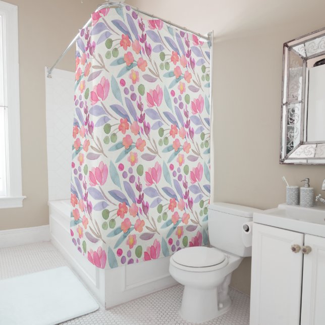 Rideaux De Douche Aquarelle rose-bleu étonnante Motif floral (En situation)