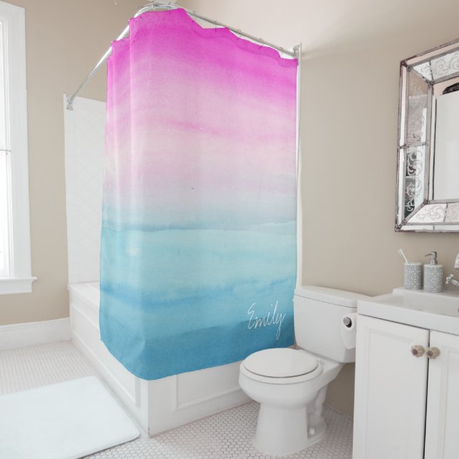 Rideaux De Douche Aquarelle rose et bleue d'Ombre personnalisée (En situation)