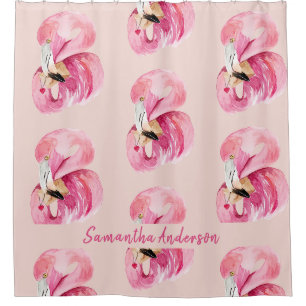 Rideaux De Douche Aquarelle rose exotique Flamingo Motif et nom