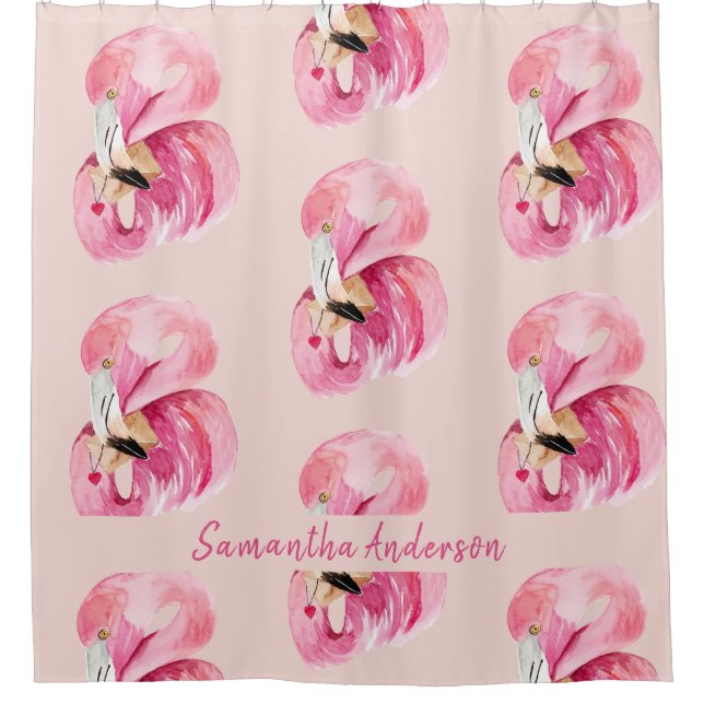 Rideaux De Douche Aquarelle rose exotique Flamingo Motif et nom (Devant)