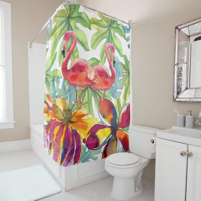 Rideaux De Douche Aquarelle rose Flamant rose tropical (En situation)