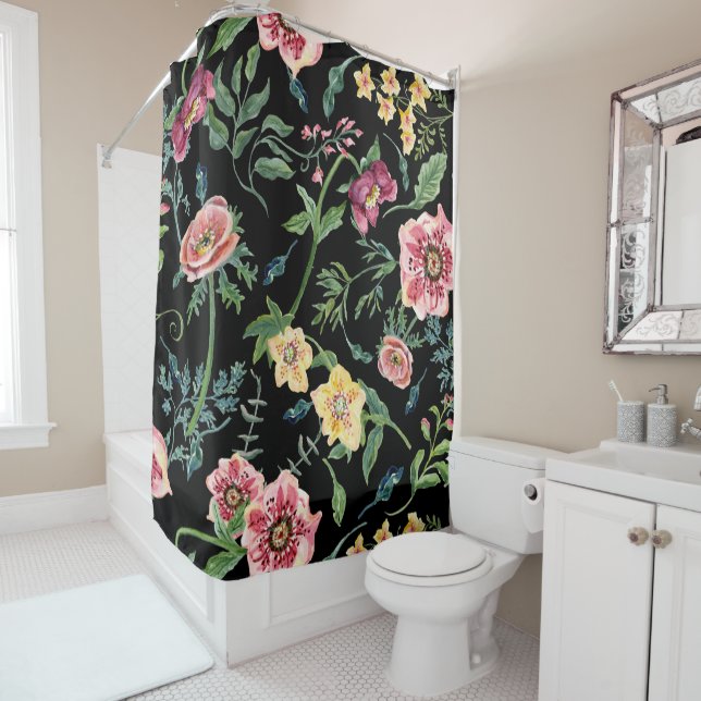 Rideaux De Douche Aquarelle rose noire Florale Anémone Fleurs sauvag (En situation)