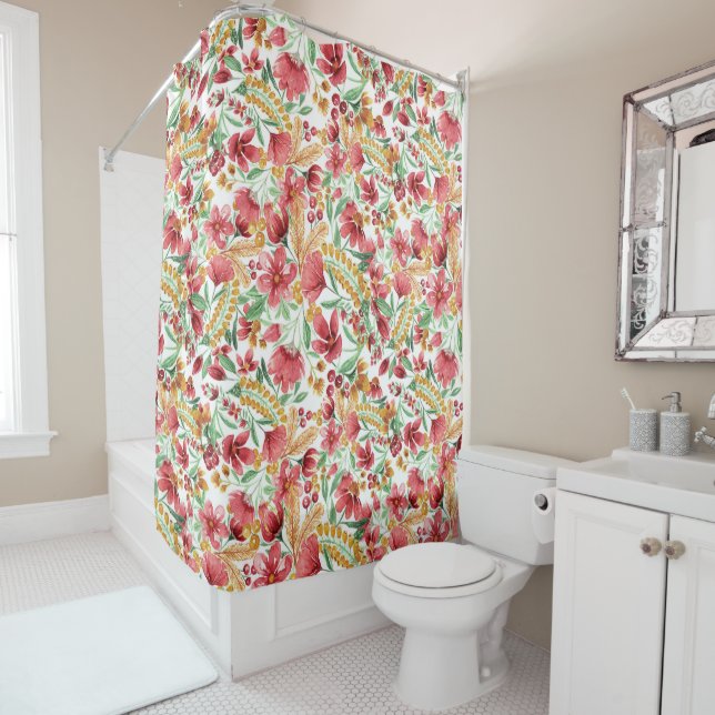 Rideaux De Douche Aquarelle rose or jaune blanc Motif floral (En situation)