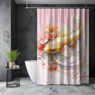 Rideaux De Douche Aquarelle rose personnalisée Or Koi Poisson Floral