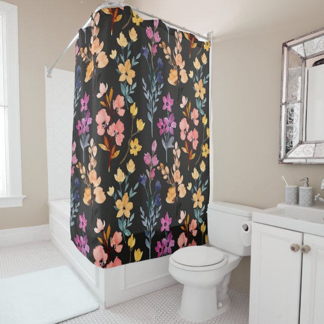 Rideaux De Douche Aquarelle rose violet jaune Floral Noir (En situation)