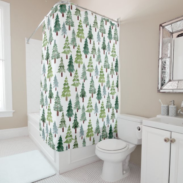 Rideaux De Douche Aquarelle Russe Pine d'hiver Motif de la forêt  (En situation)