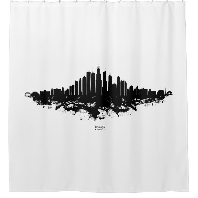 Rideaux De Douche Aquarelle Skyline de Chicago noir et blanc (Devant)