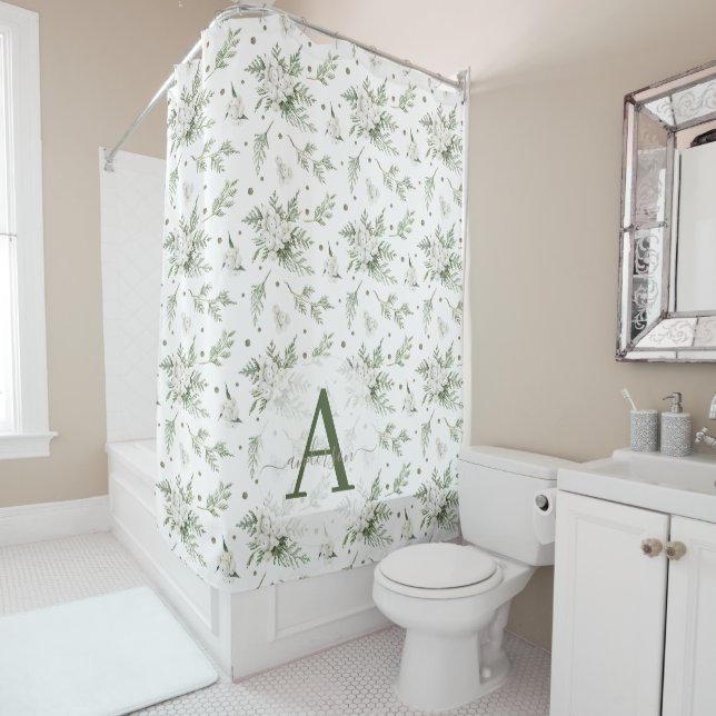 Rideaux De Douche Aquarelle Snowberry White Cèdre Branche Noël (En situation)