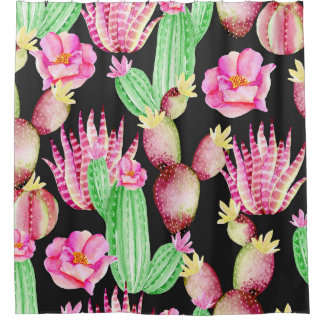 Rideaux De Douche Aquarelle succulents : cactus motif floral.
