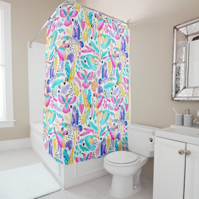Rideaux De Douche Aquarelle Toucans, Maccaws + Hummingbirds Jungle (En situation)