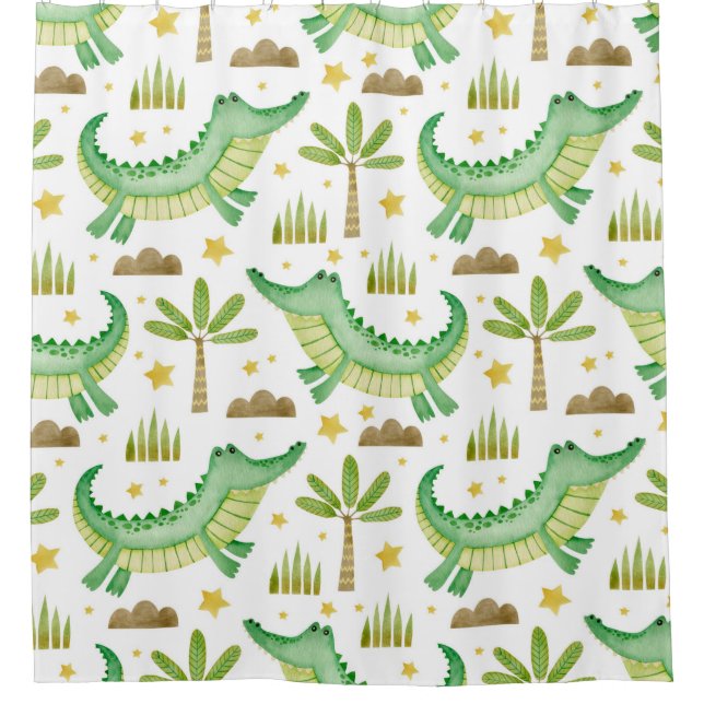Rideaux De Douche Aquarelle transparente motif de crocodile palmier (Devant)