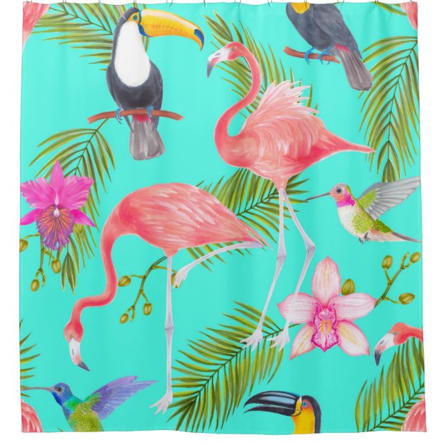 Rideaux De Douche Aquarelle tropicale oiseaux sans couture motif (Devant)