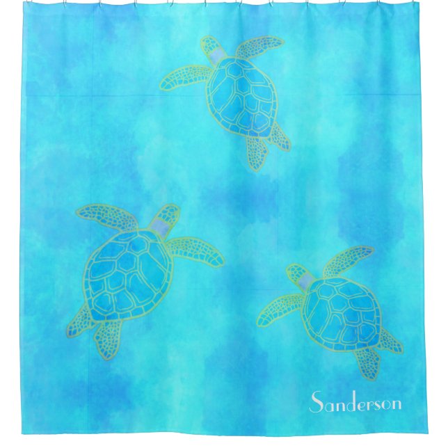 Rideaux De Douche Aquarelle tropicale Tortue côtière Aqua Blue (Devant)