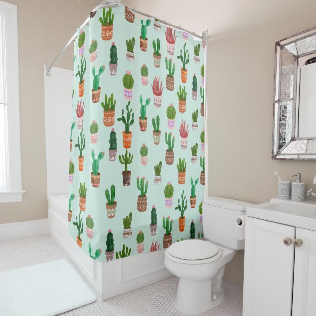 Rideaux De Douche Aquarelle verte Cactus (En situation)