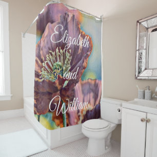 Rideaux De Douche Aquarelle vintage Fleurs de pavot rouge pourpre