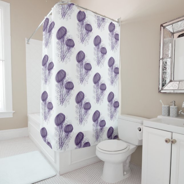 Rideaux De Douche Aquarelle Whimisical Violet Jellyfish Splash Art (En situation)