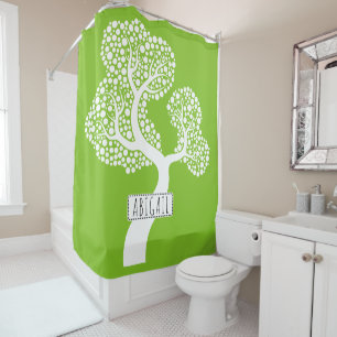 Rideaux De Douche Arbre abstrait blanc et nom, vert citron