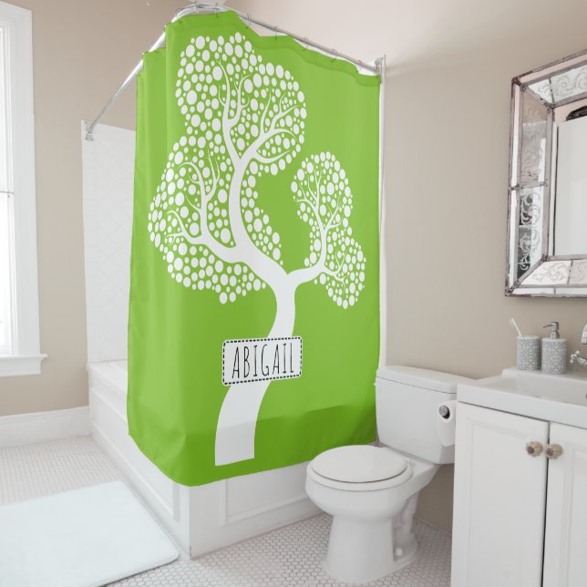 Rideaux De Douche Arbre abstrait blanc et nom, vert citron (En situation)