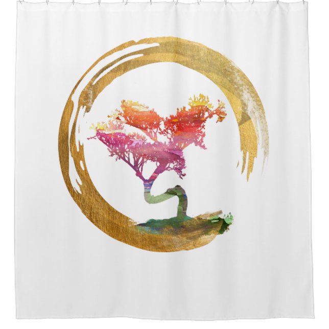 Rideaux De Douche Arbre de bonsaïs. Aquarelle Feng Shui de cercle (Devant)