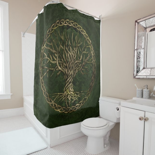Rideaux De Douche Arbre de la vie - Yggdrasil - vert et or (En situation)