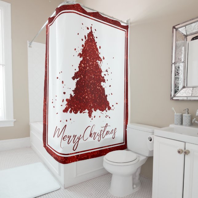 Rideaux De Douche Arbre de Noël classique | Festive Rich Crimson Rou (En situation)