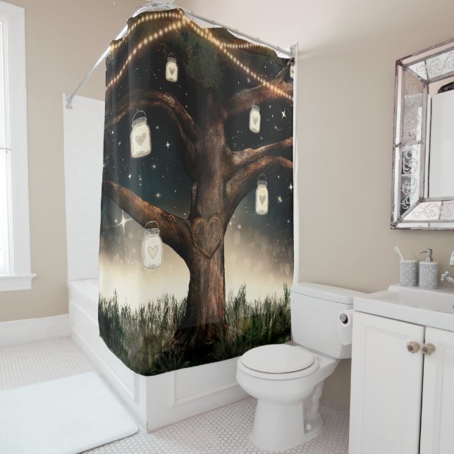 Rideaux De Douche Arbre de nuit rustique avec lumières et jarres de  (En situation)