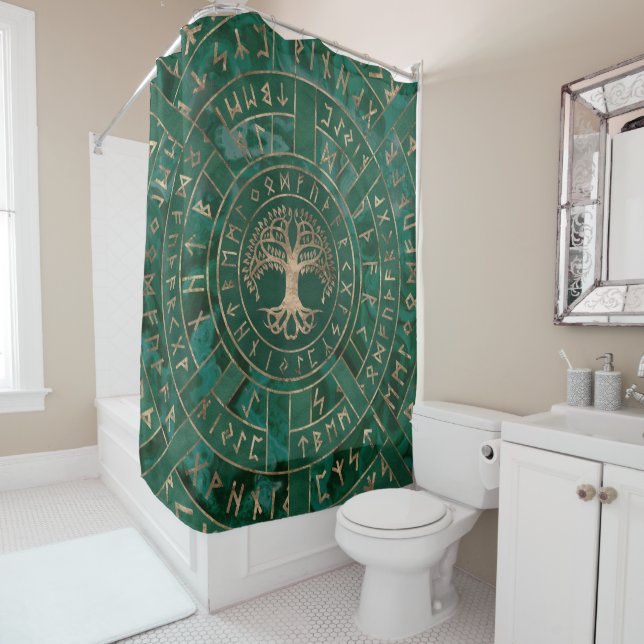 Rideaux De Douche Arbre de vie - Yggdrasil et Futhark - Malachite (En situation)