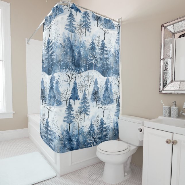 Rideaux De Douche Arbres de Noël Blue White Mountain (En situation)