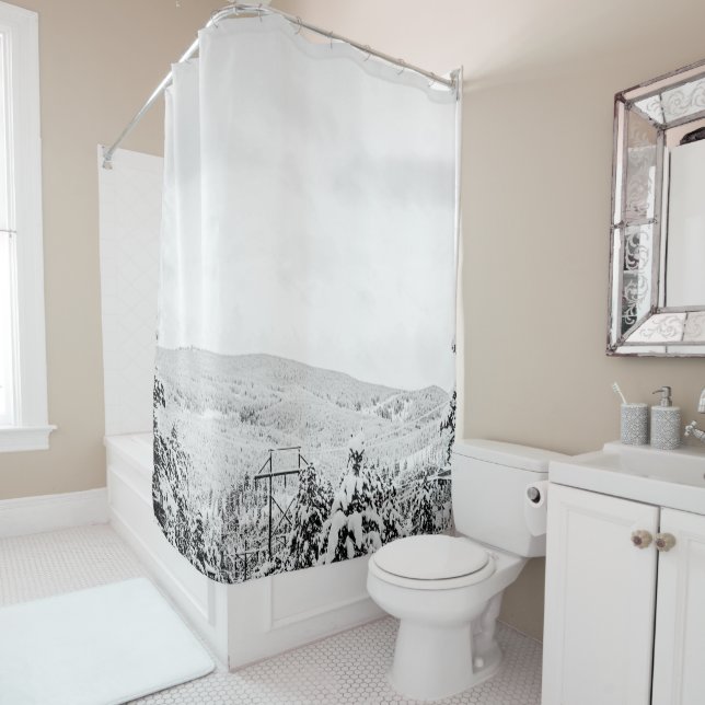 Rideaux De Douche Arbres en poudre profonde // Ski noir et blanc (En situation)