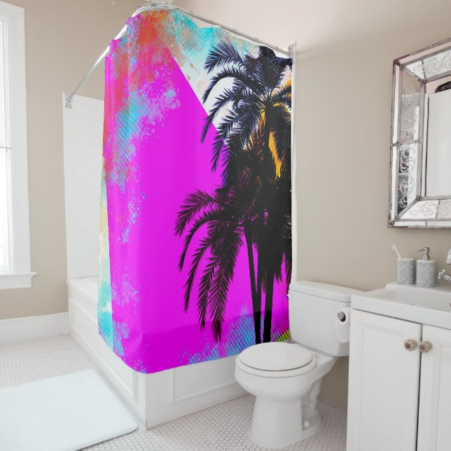 Rideaux De Douche Arbres Palmiers De Plage Colorés Rétro Rose D'été (En situation)