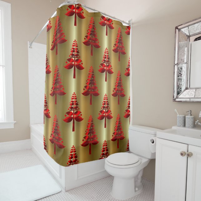 Rideaux De Douche Arbres rouges de Noël en or (En situation)
