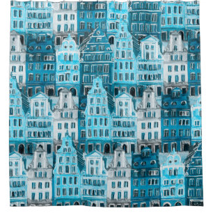 Rideaux De Douche Architecture d'Amsterdam, aquarelle bleue.