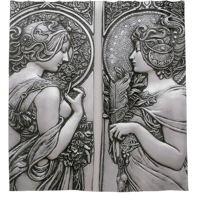 Rideaux De Douche Argent, Art nouveau, design, femelles, Mucha, beau (Devant)