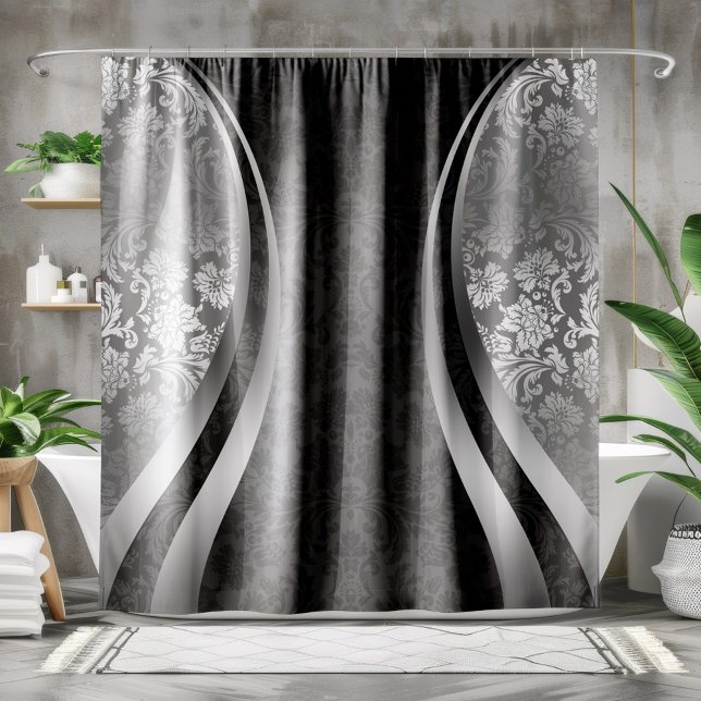 Rideaux De Douche Argent et noir Damas Conception géométrique modern (Créateur téléchargé)