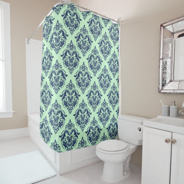 Rideaux De Douche Arrière - plan bleu marine Floral Damask Mint-Gree (En situation)