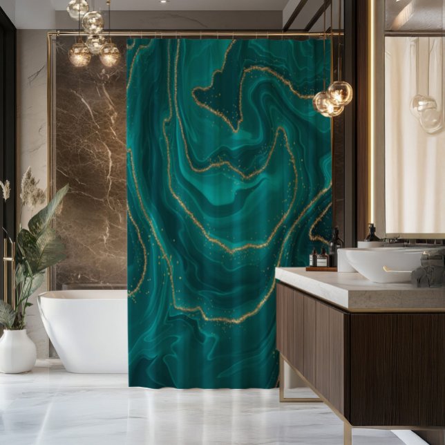 Rideaux De Douche Arrière - plan en marbre liquide turquoise avec go (Créateur téléchargé)