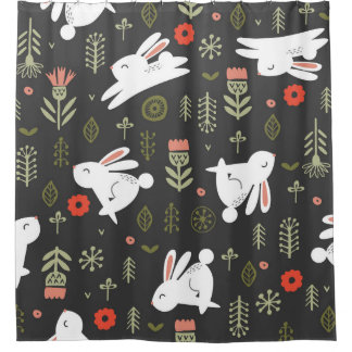 Rideaux De Douche Arrière - plan foncé, lapins blancs, vintage flora