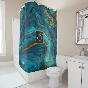 Rideaux De Douche Art Abstrait Bleu Vert Or Poussière Monogramme Mar